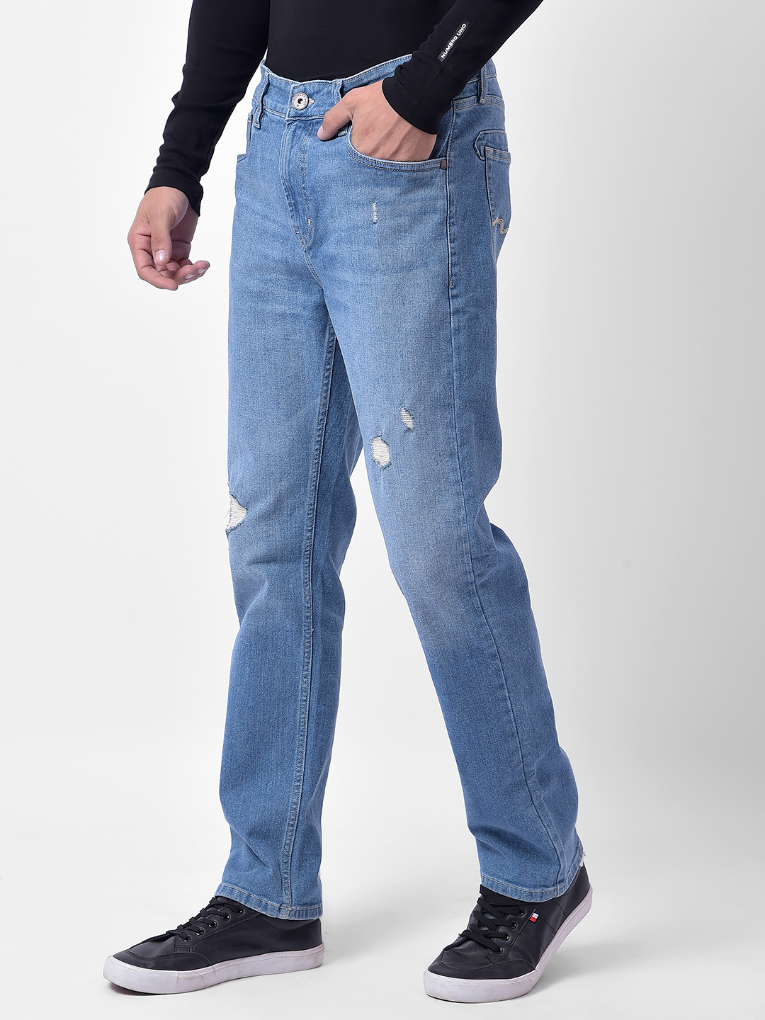 Numero Uno Men Light Blue Distressed Sustainable Jeans